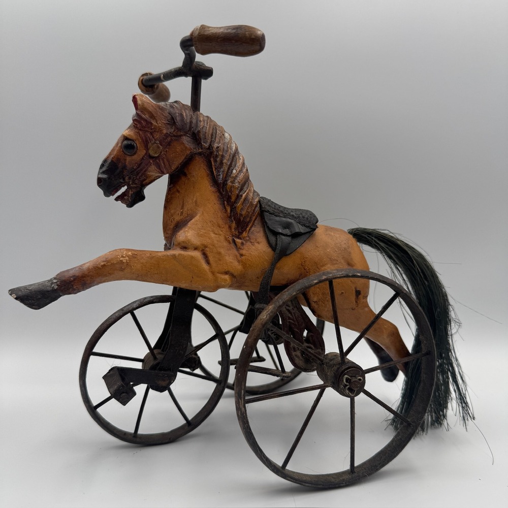 Antique Style‎ Hand Carved Wood Horse Metal Tricycle Folk Art Decorative Toy